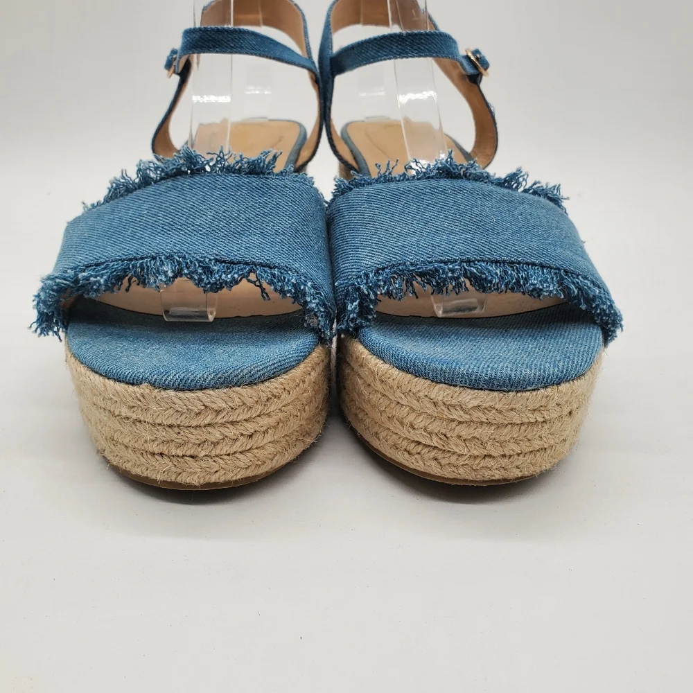 C Comfort Frayed Denim Espadrille Block Heel Platform Sandals Size 11